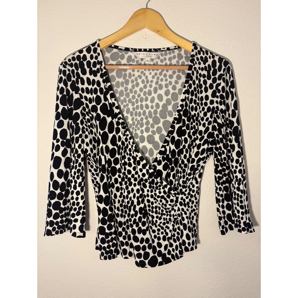 Trina Turk Los Angeles Womens Large Black White Dot Wrap Top V-Neck Rayon Sz L